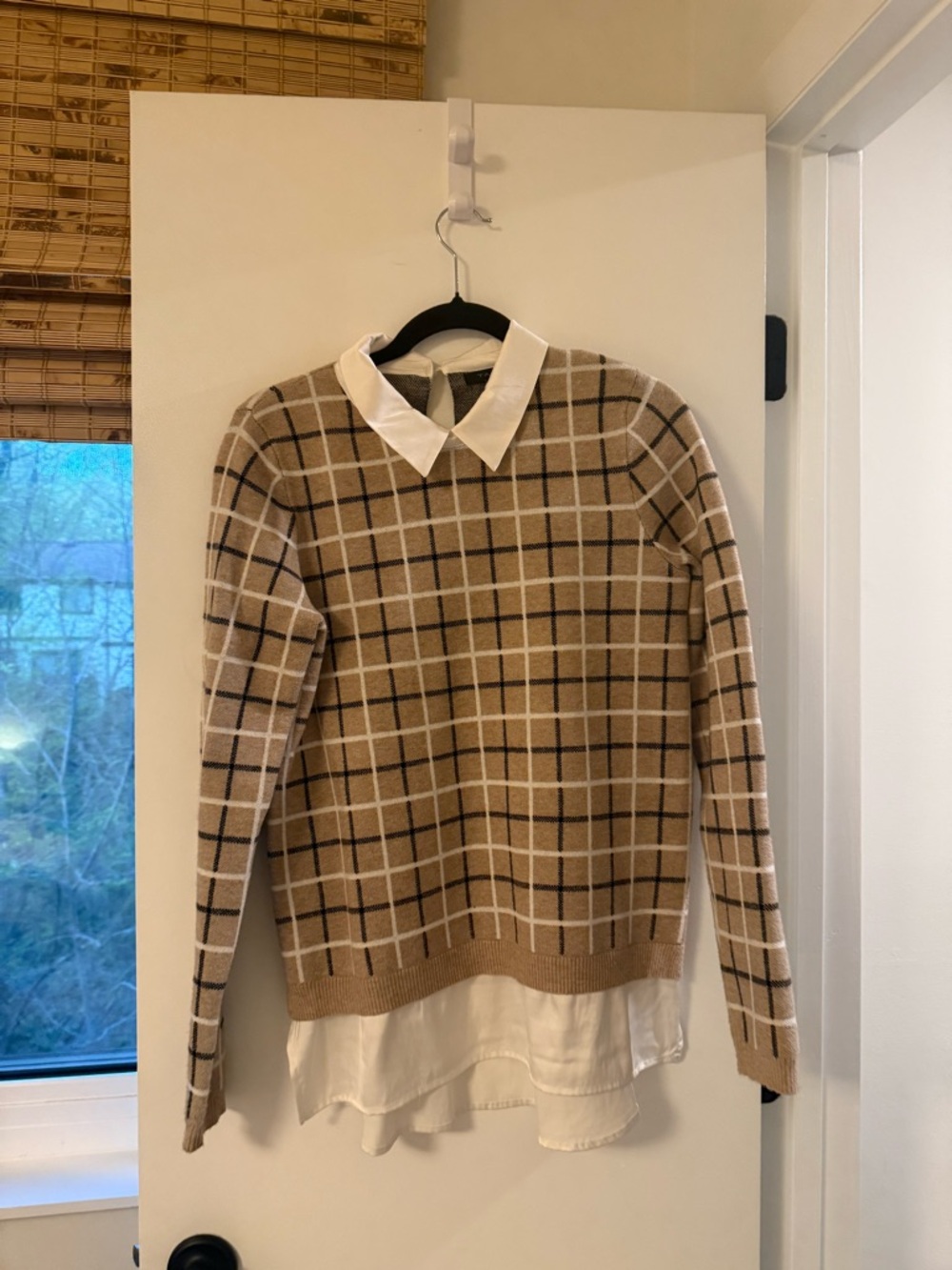 Tahari Cream and Camel Plaid Layered Collar Sweater
